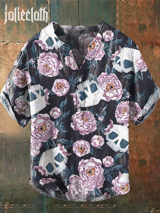 Man's Retro Skull Floral Art Illustration Print Casual Shirt