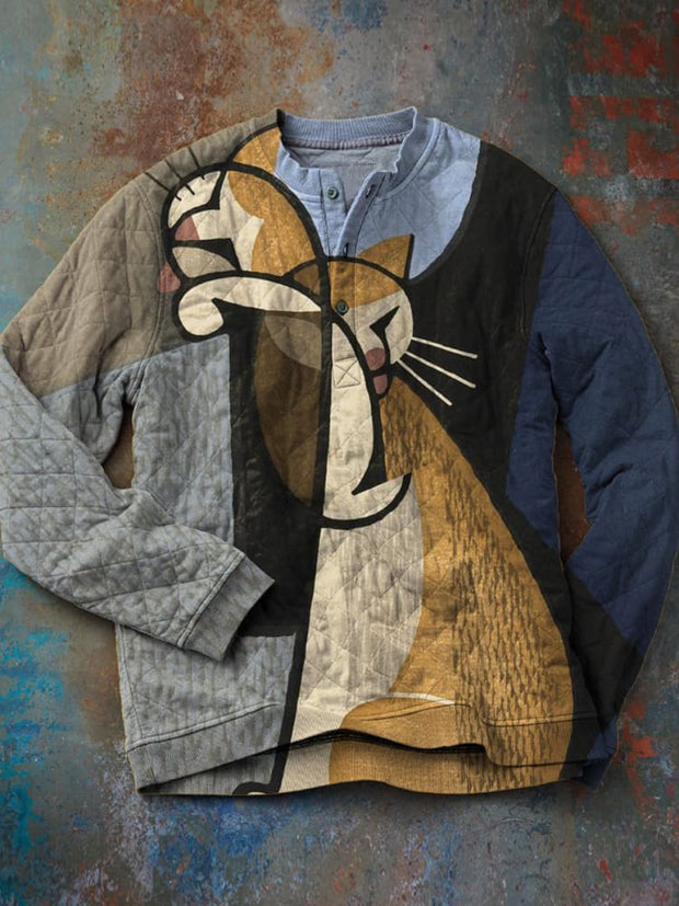 Abstract Art Cat Print Diamond-quilted Henley Sweatshirt