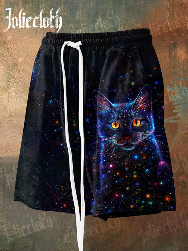 Men's  Fantasy Starry Sky Cat Art Illustration Printed Casual Shorts