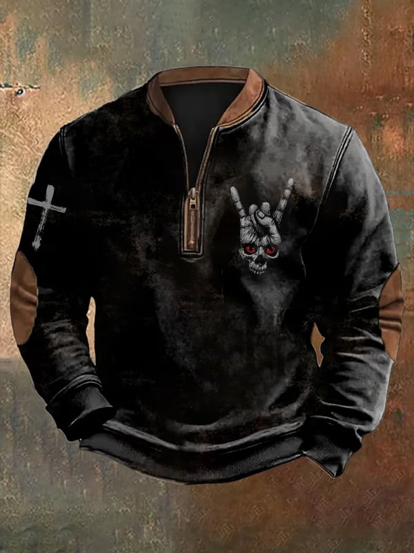 Men's Retro Colorblock Skull Zip Neck Sweatshirt