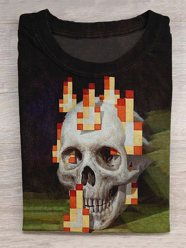 Unisex Pixel Flames on The Skull Print Design T-shirt