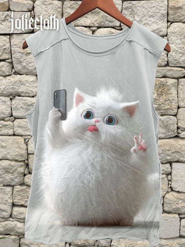 Unisex Selfie Cute Funny Cat Art Illustration Print Casual Tank Top