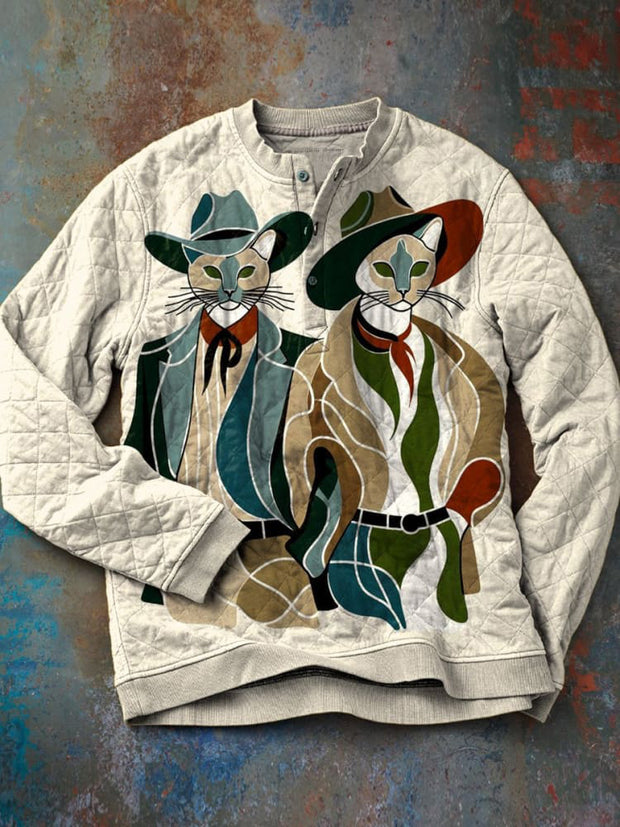 Cowboy Cats Print Diamond-quilted Henley Sweatshirt