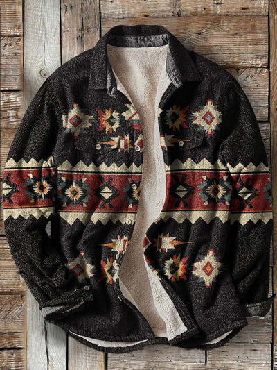 Man's Aztecs Print Waffle Plush Thick Long-Sleeved Hooded Coat