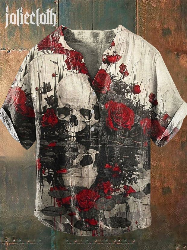 Man's Retro Skull Floral Art Illustration Print Casual Shirt