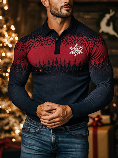 Men's Christmas Snowflake Long Sleeve Polo Shirt