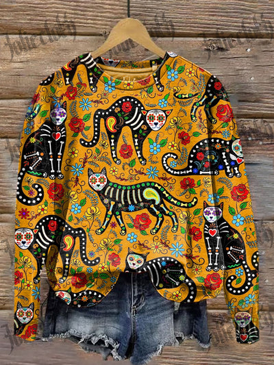 Unisex Day of the Dead Cat Art Print Casual Crew Neck Sweatshirt