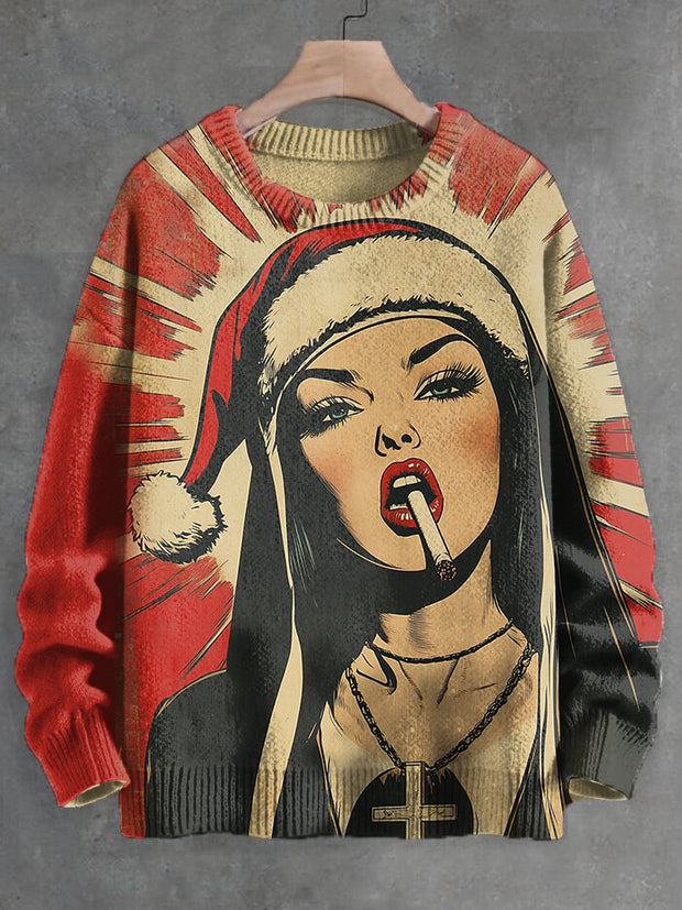 Men's Santa Hat Girl Smoking Art Print Knit Sweatshirt