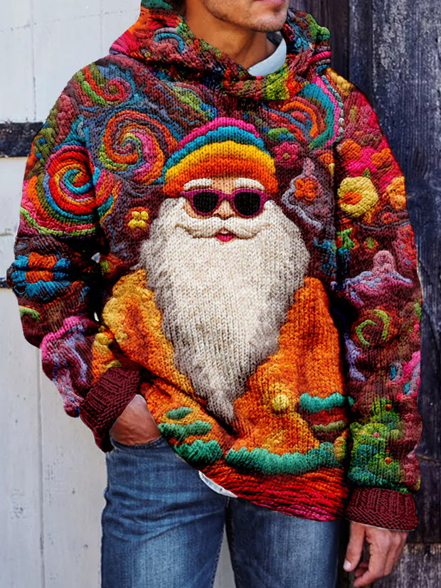 Men's Groovy Hippie Santa Embroidery Cozy Hoodie Sweater