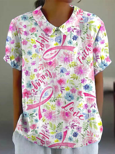 Women's Breast Cancer Awareness Pink Ribbon Floral Faith Hope Love Courage Printed Casual Top