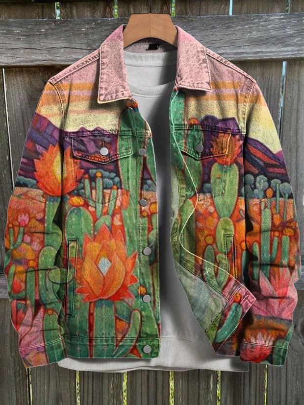 Hill Cactus Flower Bush Art Print Casual Denim Jacket