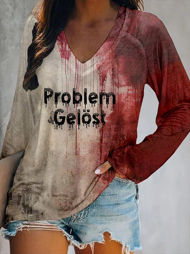 Women's Bloody Problem Solved Halloween Print V-Neck T-Shirt