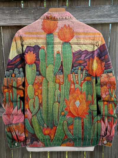 Hill Cactus Flower Bush Art Print Casual Denim Jacket