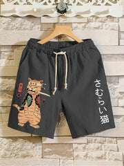 Men's Japanese Sushi Samurai Cat Print Casual Shorts