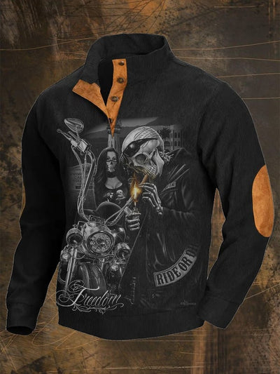 Men's Vintage Skull Stand Collar Button Sweatshirt