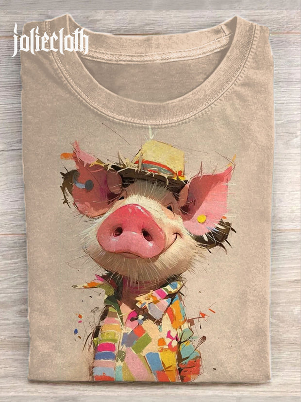 Unisex Cute Pig Art Illustration Print Casual Cotton Round Neck T-shirt