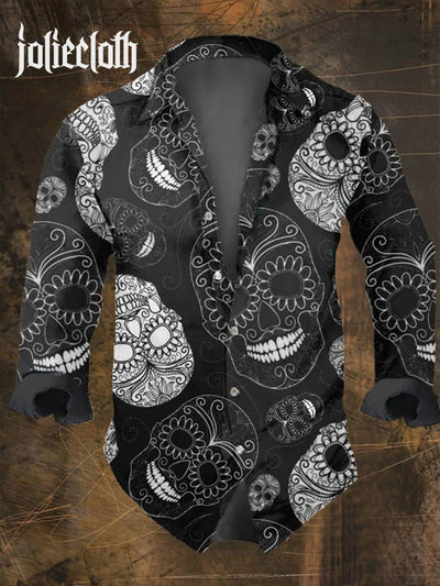 Dark Retro Skull Print Long Sleeve Shirt