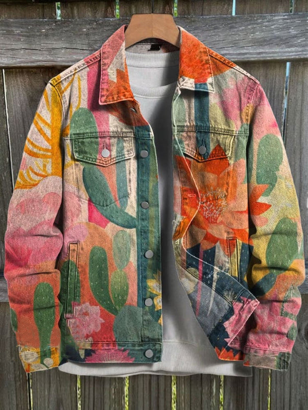 Cactus Flowers Art Print Casual Denim Jacket