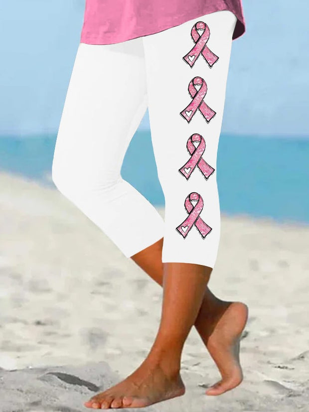 Women's Pink Ribbon Breast Cancer Awareness Warrior Supporter Cropped Leggings