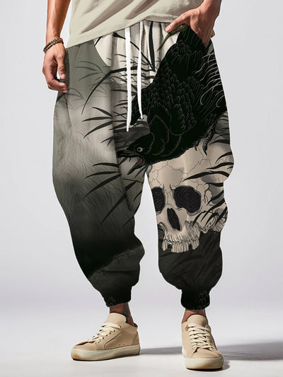 Men's Japanese Art Skull Birds Graphic Print Loose Drawstring Waist Sweatpants