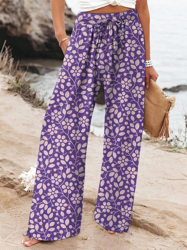 Women's Retro Flowers Printed Linen Casual Pants