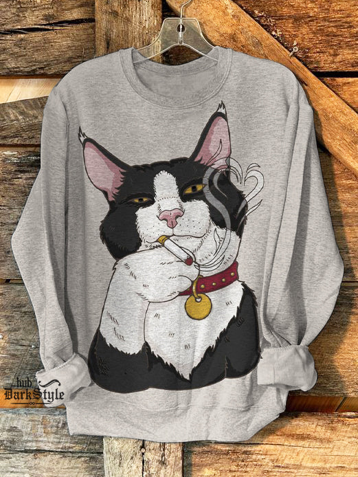 Smoking Cat Funny Print Unisex Casual Sweatshirt