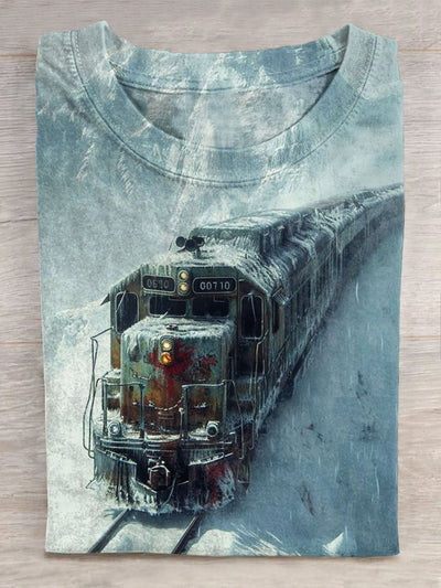 Unisex Winter Vintage Train Art Print Casaul Short Sleeve T-shirt