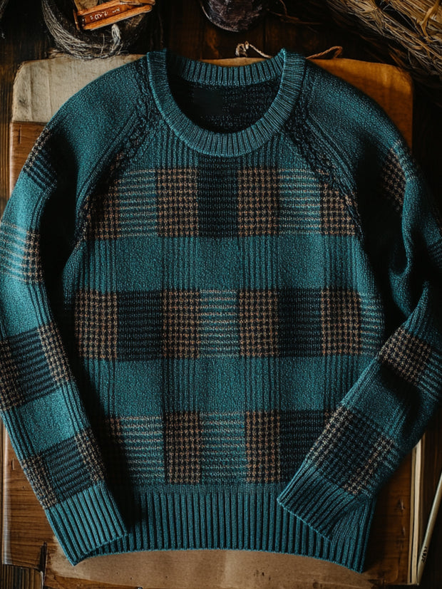 Men's Plaid Print Crew Neck Sweater