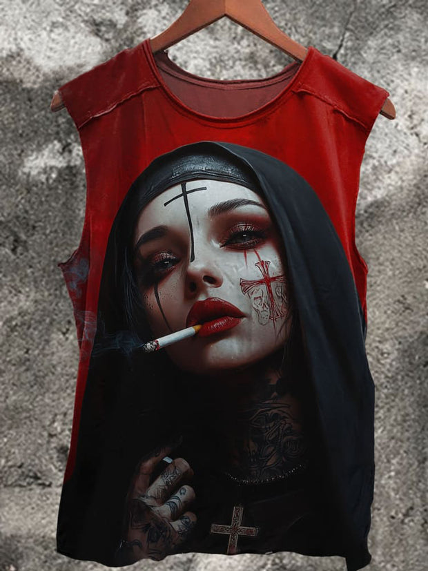 Smoking Tattooed Nun Print Casual Tank Top