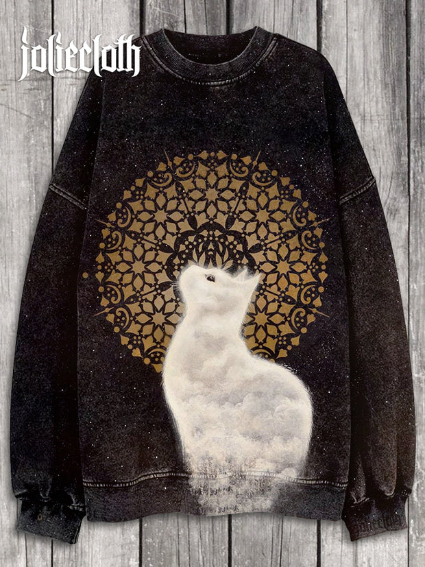 Unisex Divine Gothic Cat  Art Illustration Printed Casual Long Sleeve Sweatshirt