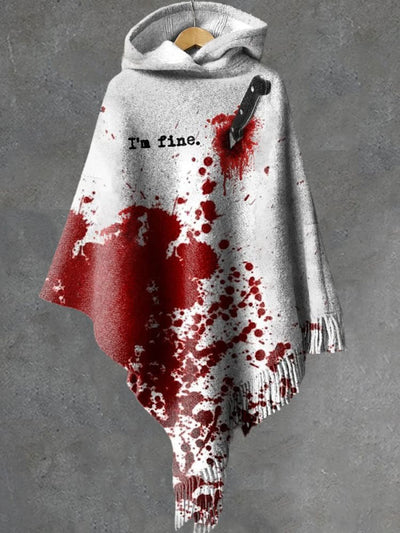 Women's I'm Fine Print Knitted Blanket Poncho Hood Cape