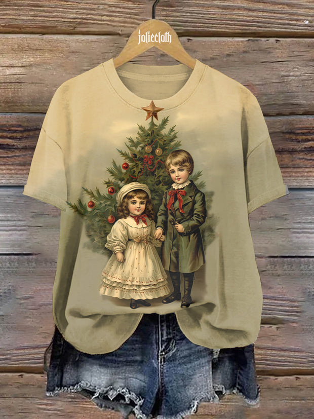 Unisex Retro Christmas Art Illustration Casual Short Sleeve T-Shirt