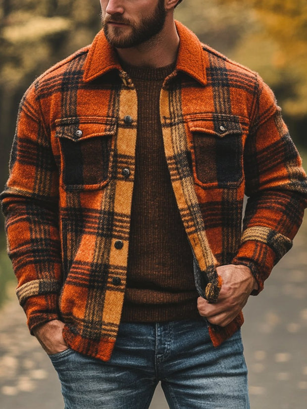 Men's Casual Jacket Autumn Plaid Print Long Sleeve Jacket