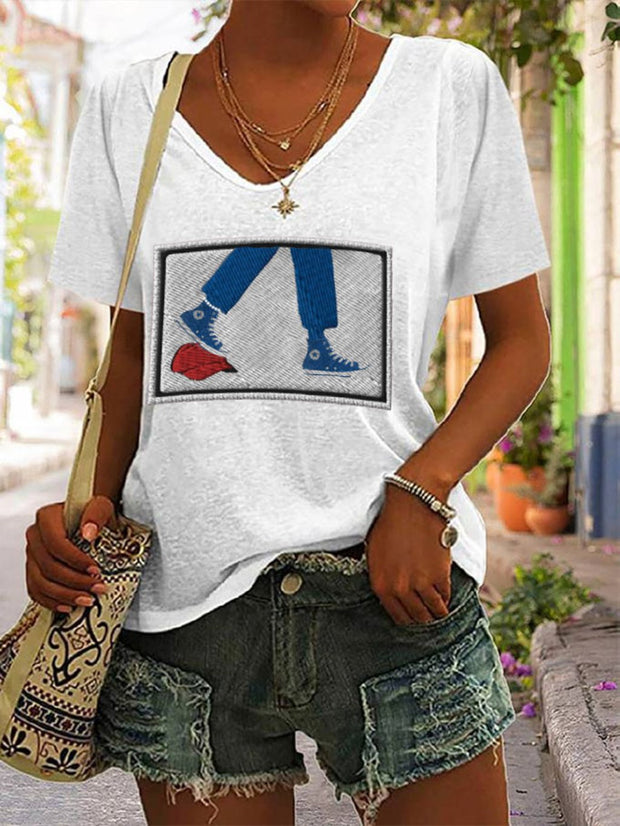 Women's Chucks&Pearls&Red Hat Print V-Neck T-Shirt