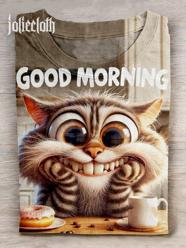 Unisex Cute Cat Godd Morning Coffee Art Illustration Printed Casual T-Shirt