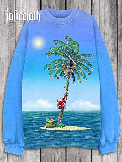 Unisex Christmas Palm Tree Art Illustration Printed Casual Long Sleeve Sweatshirt