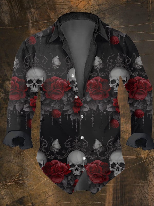 Men's Vintage Dark Skull Print Long Sleeve Shirt