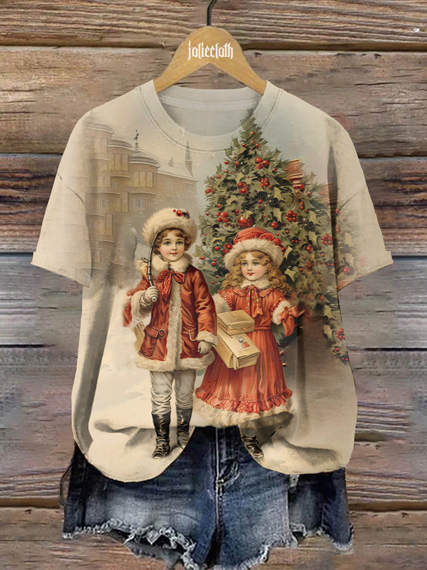 Unisex Retro Christmas Art Illustration Casual Short Sleeve T-Shirt