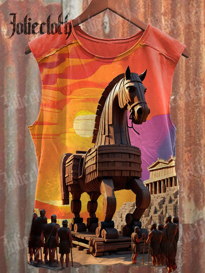 Unisex Trojan Horse Legend Art Illustration Printed Casual Cotton Tank Top