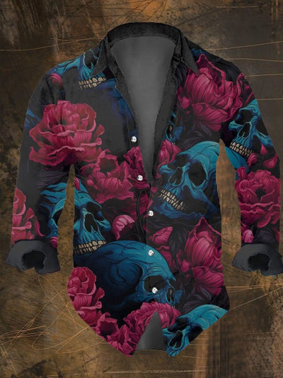 Men's Vintage Dark Skull Print Long Sleeve Shirt