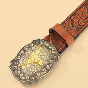 Retro Western Cow Head Print Leather Belt