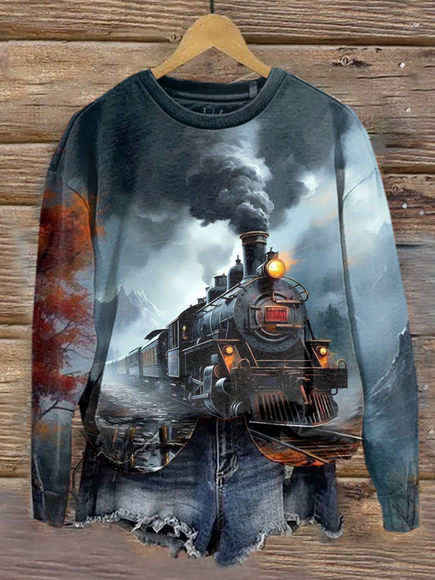 Unisex Steam Engine Train Art Printed Casual Short Sleeve T-Shirt