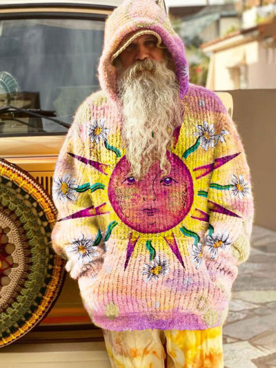 Vintage Bohemian Sun Flower Art Print Knit Pullover Hooded Sweater