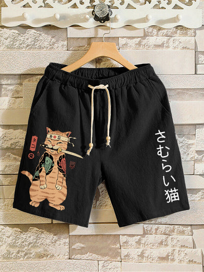 Men's Japanese Sushi Samurai Cat Print Casual Shorts