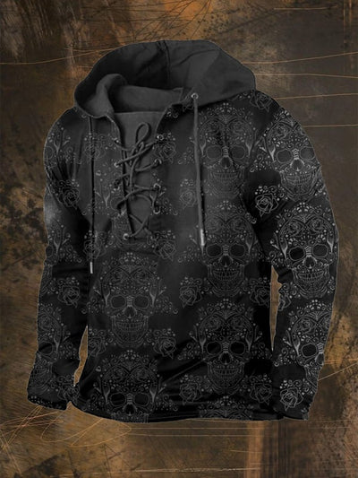 Men's Vintage Skull Print Drawstring Hoodie