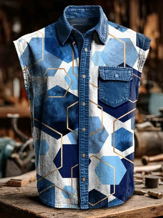Geometric abstract Print Casual Sleeveless Lapel Shirt