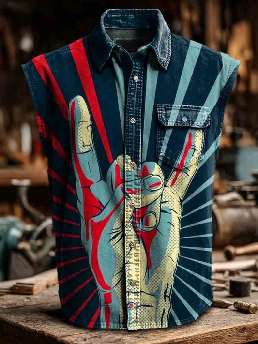 Rock Print Casual Sleeveless Lapel Shirt