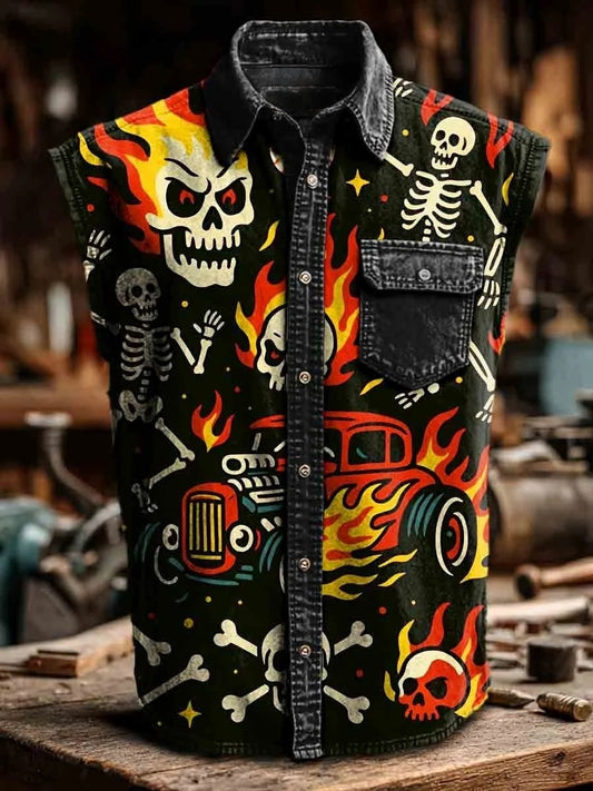 Skull Art Print Casual  Sleeveless Lapel Shirt