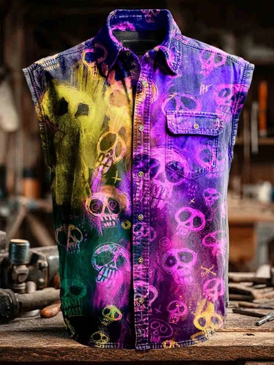 Skull Fantacy Art Print Casual Sleeveless Lapel Shirt
