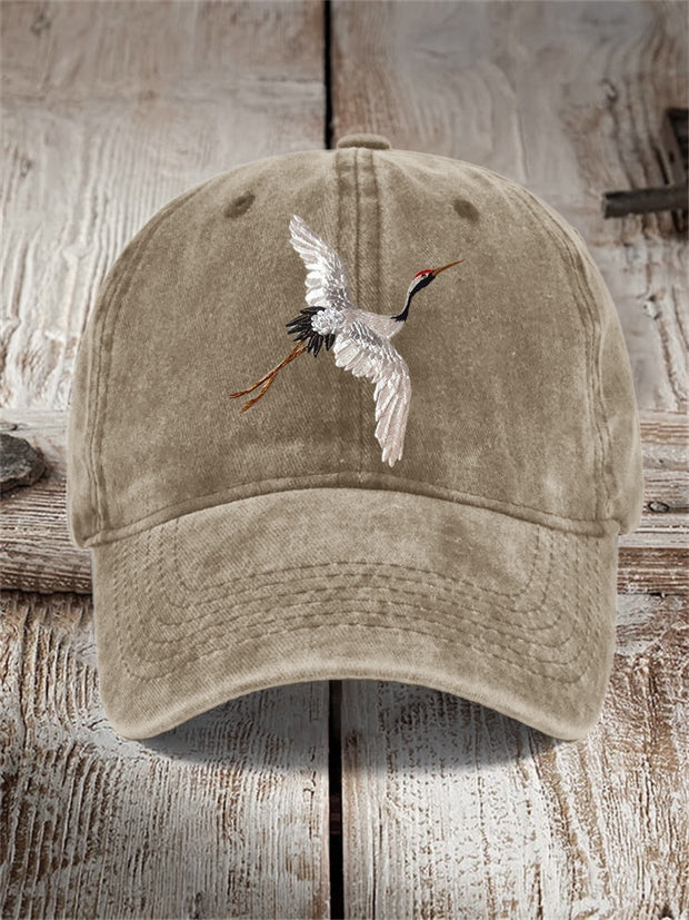 Classy Japanese Crane Embroidered Washed Cap